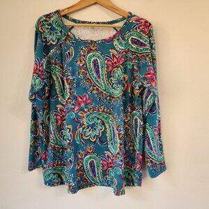 T by Talbots Women's Teal Paisley Long-Sleeve Top